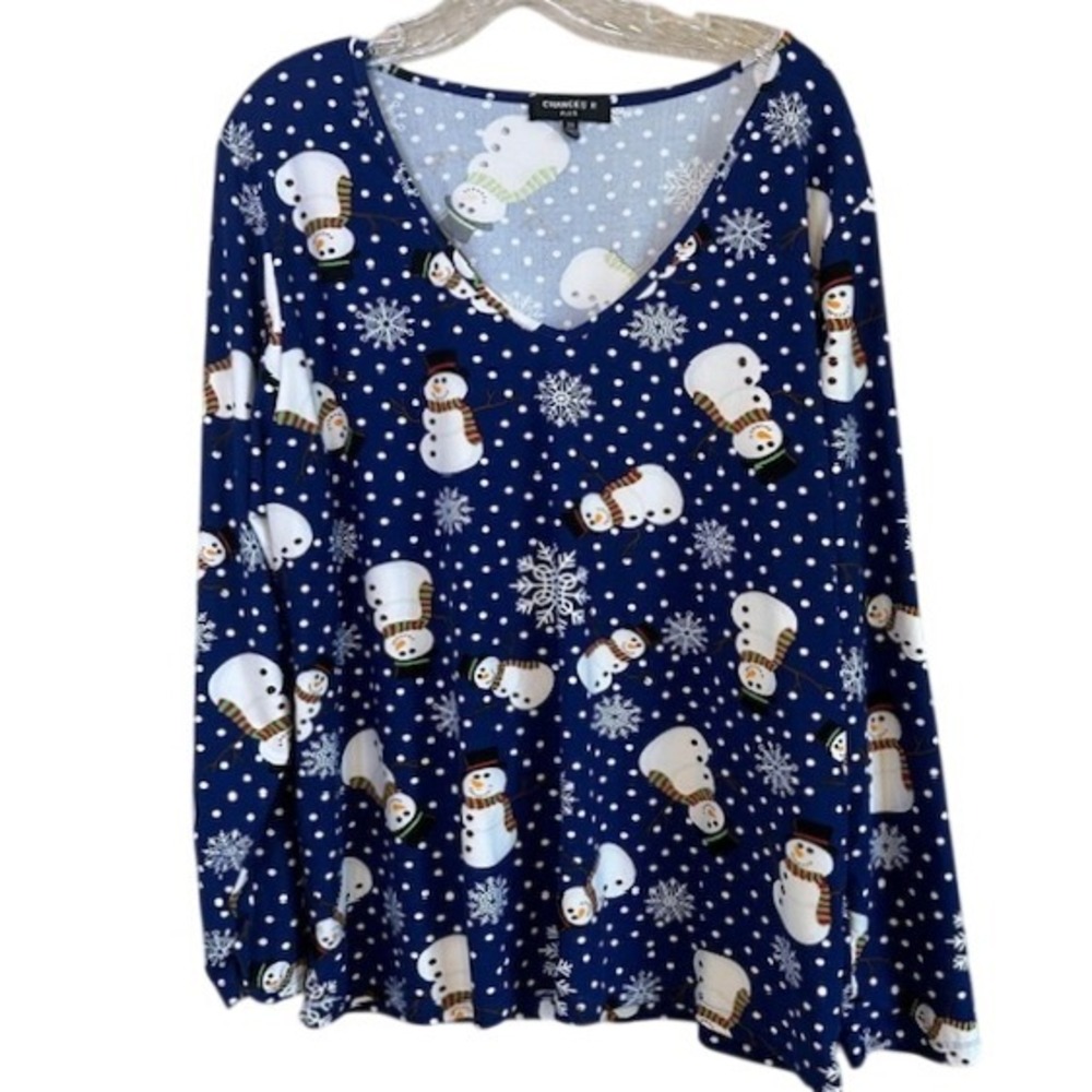 Chances R Plus Women's Snowman Winter Christmas Print V-Neck‎ Tunic Top Size 2X